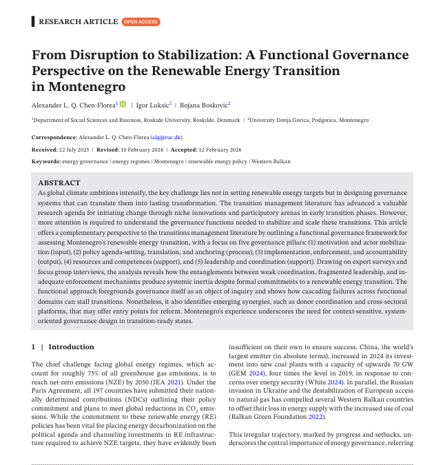 From Disruption to Stabilization: A Functional Governance  Perspective on the Renewable Energy Transition  in Montenegro