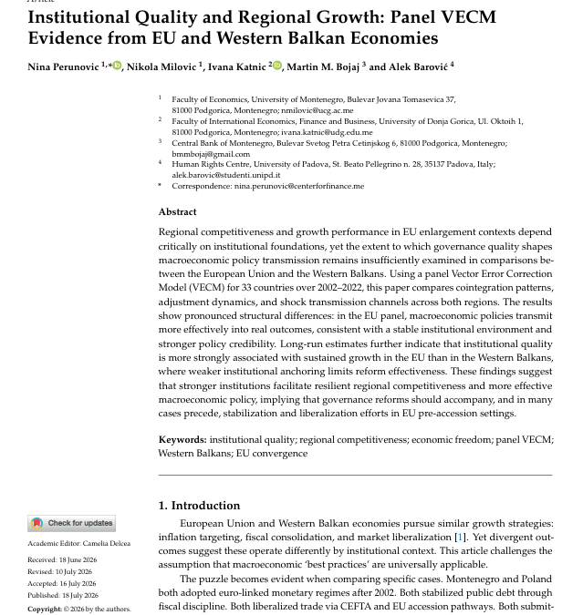 Institutional Quality and Regional Growth: Panel VECM Evidence from EU and Western Balkan Economies